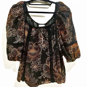 Farm Rio Brown and White Ruffled Blouse with 3/4 Sleeves